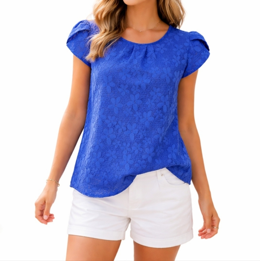 Red Lolly Blue Floral Lace Blouse Women’s M Puff Sleeve Keyhole Back Made In USA